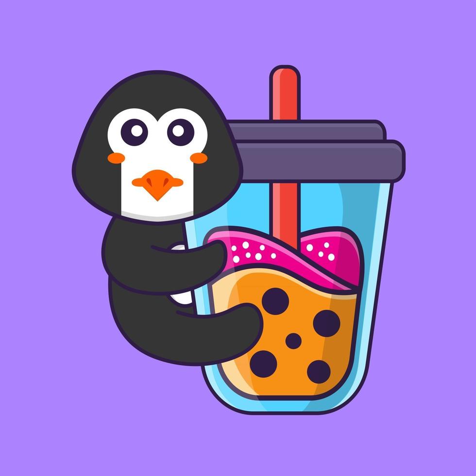 Cute penguin Drinking Boba milk tea. Animal cartoon concept isolated. Can used for t-shirt, greeting card, invitation card or mascot. Flat Cartoon Style vector