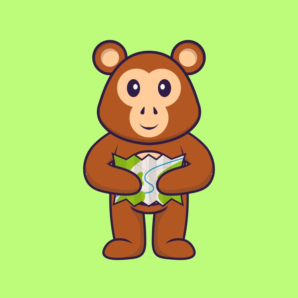 Cute monkey holding a map. Animal cartoon concept isolated. Can used for t-shirt, greeting card, invitation card or mascot. Flat Cartoon Style vector