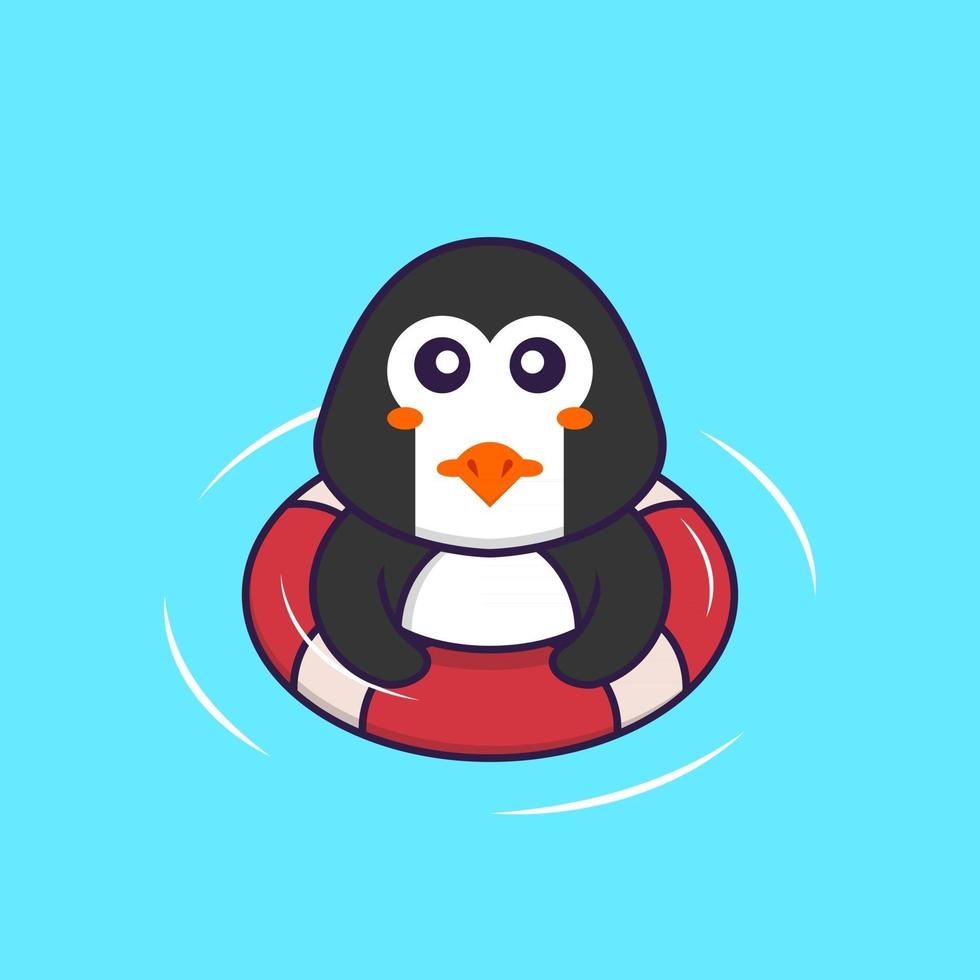 Cute penguin is Swimming with a buoy. Animal cartoon concept isolated. Can used for t-shirt, greeting card, invitation card or mascot. Flat Cartoon Style vector