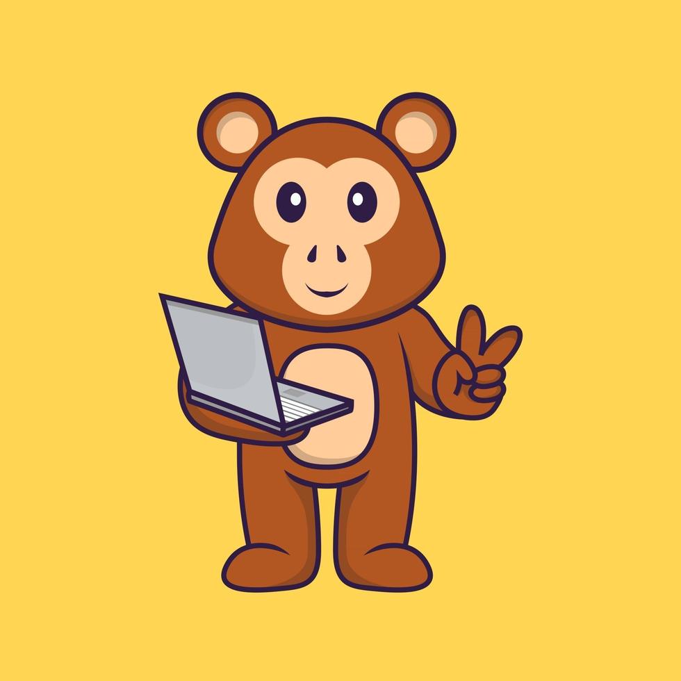 lindo mono sosteniendo la computadora portátil. aislado concepto de dibujos animados de animales. Puede utilizarse para camiseta, tarjeta de felicitación, tarjeta de invitación o mascota. estilo de dibujos animados plana vector
