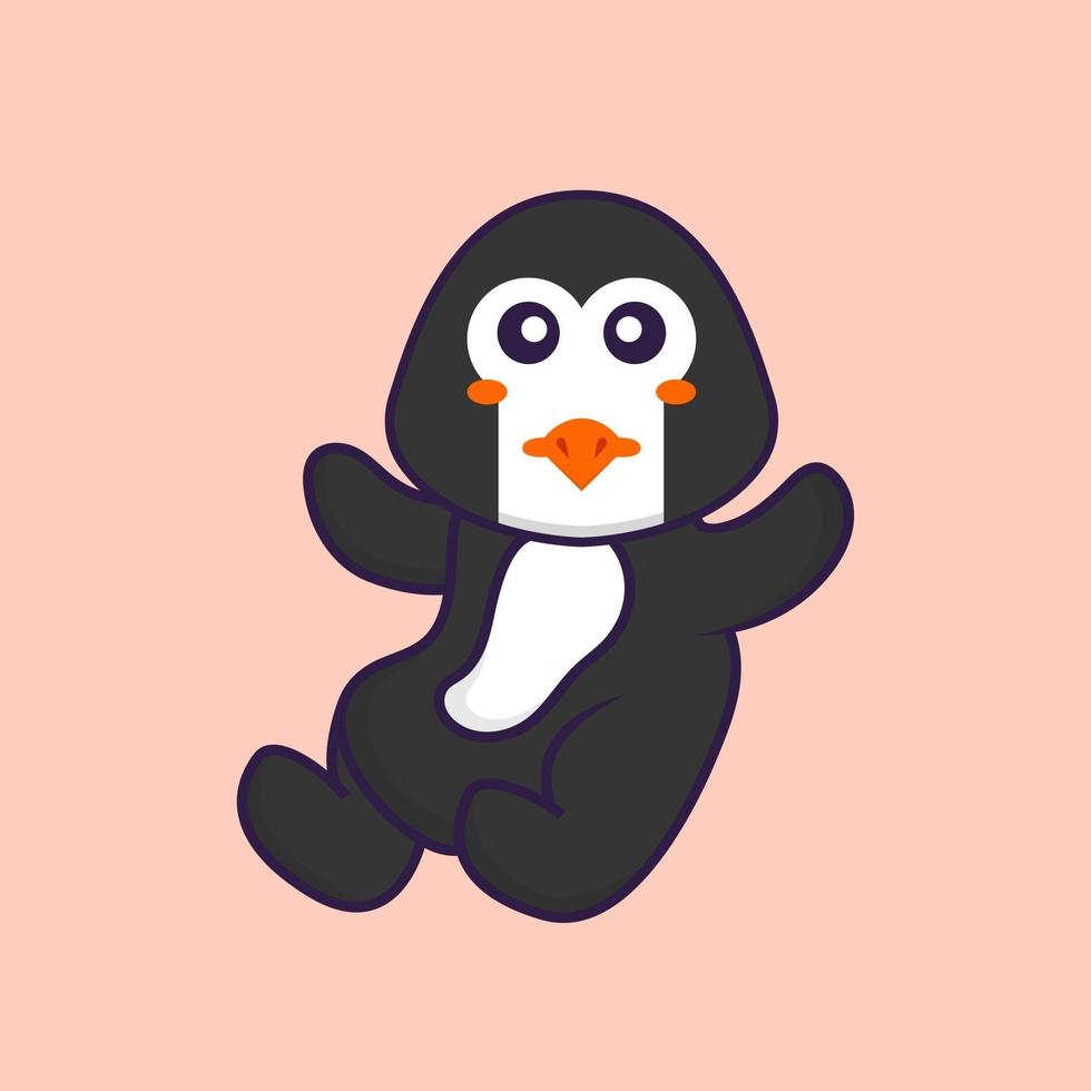 lindo pingüino está volando. aislado concepto de dibujos animados de animales. Puede utilizarse para camiseta, tarjeta de felicitación, tarjeta de invitación o mascota. estilo de dibujos animados plana vector