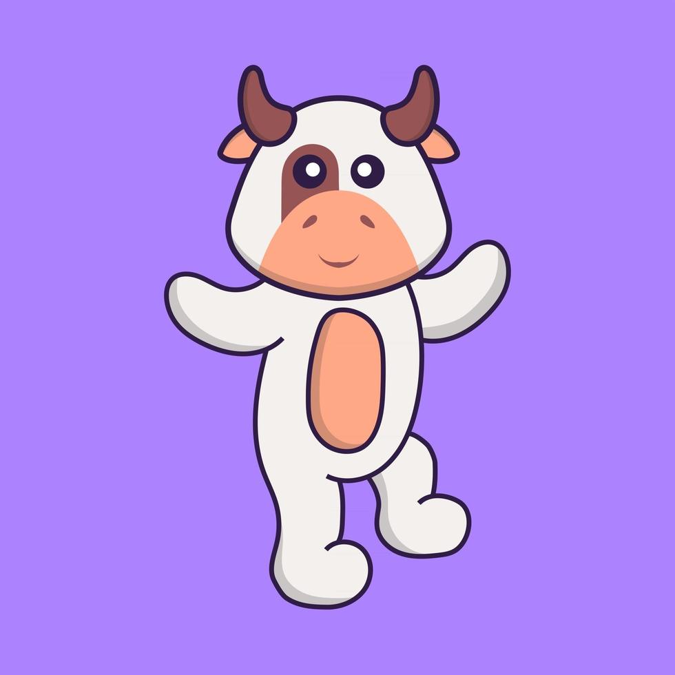 Cute cow is dancing. Animal cartoon concept isolated. Can used for t-shirt, greeting card, invitation card or mascot. Flat Cartoon Style vector