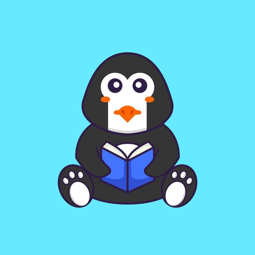 Cute penguin reading a book. Animal cartoon concept isolated. Can used for t-shirt, greeting card, invitation card or mascot. Flat Cartoon Style vector