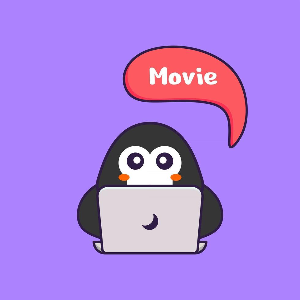 Cute penguin is watching a movie. Animal cartoon concept isolated. Can used for t-shirt, greeting card, invitation card or mascot. Flat Cartoon Style vector