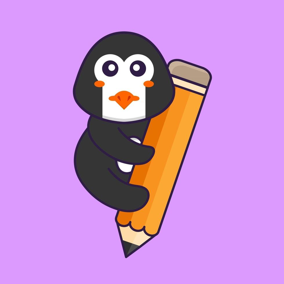 Cute penguin holding a pencil. Animal cartoon concept isolated. Can used for t-shirt, greeting card, invitation card or mascot. Flat Cartoon Style vector