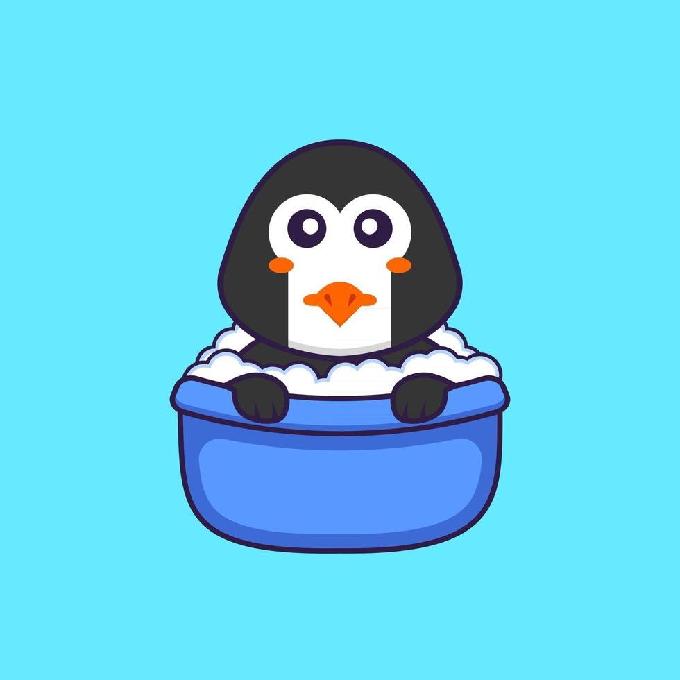 Cute penguin taking a bath in the bathtub. Animal cartoon concept isolated. Can used for t-shirt, greeting card, invitation card or mascot. Flat Cartoon Style vector