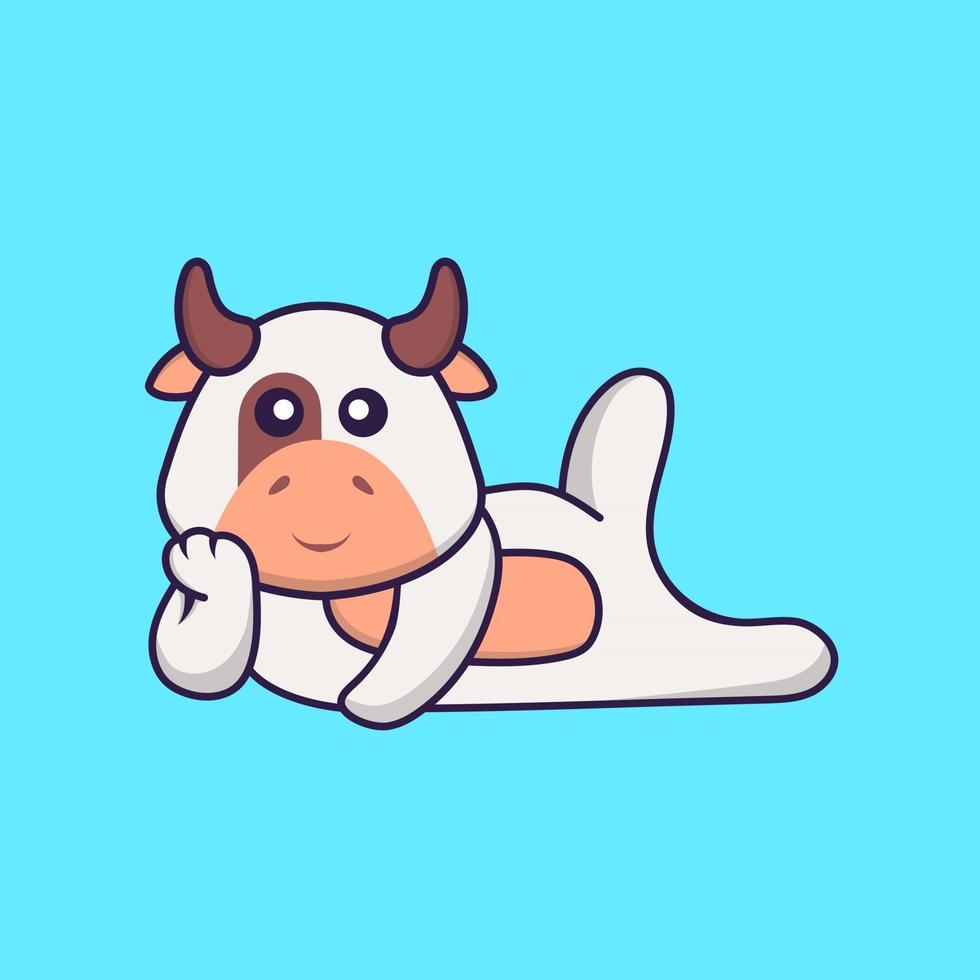 linda vaca acostada. aislado concepto de dibujos animados de animales. Puede utilizarse para camiseta, tarjeta de felicitación, tarjeta de invitación o mascota. estilo de dibujos animados plana vector