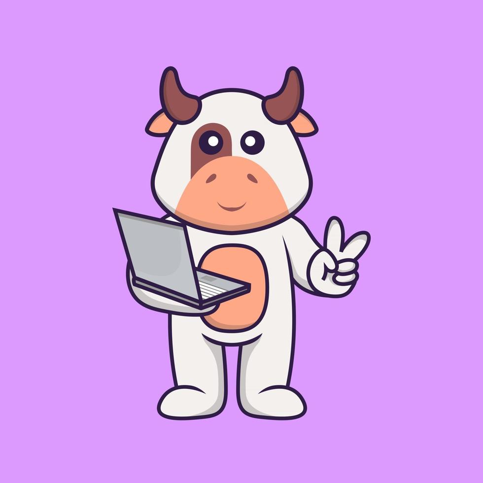 Cute cow holding laptop. Animal cartoon concept isolated. Can used for t-shirt, greeting card, invitation card or mascot. Flat Cartoon Style vector