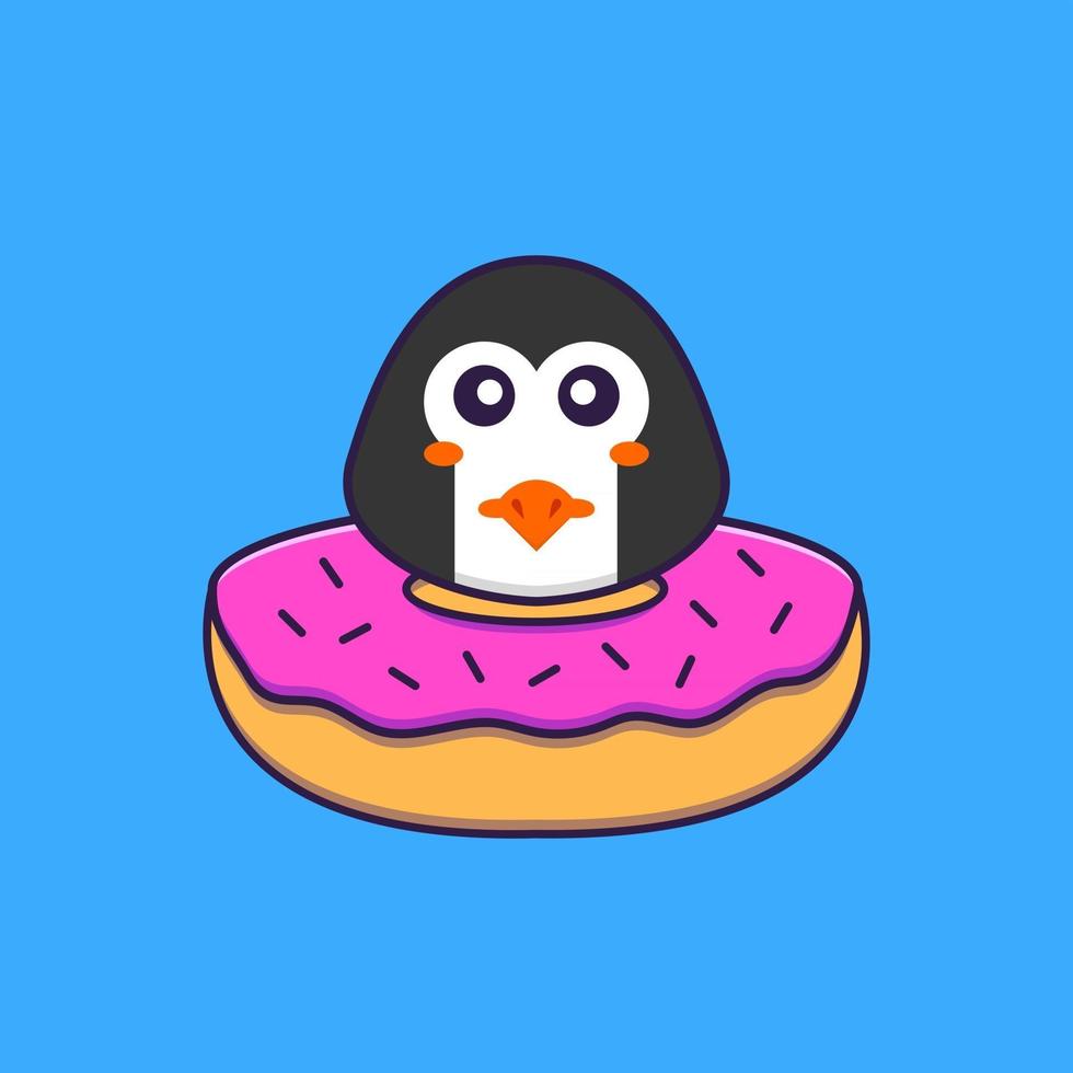 Cute penguin with a donut on his neck. Animal cartoon concept isolated. Can used for t-shirt, greeting card, invitation card or mascot. Flat Cartoon Style vector