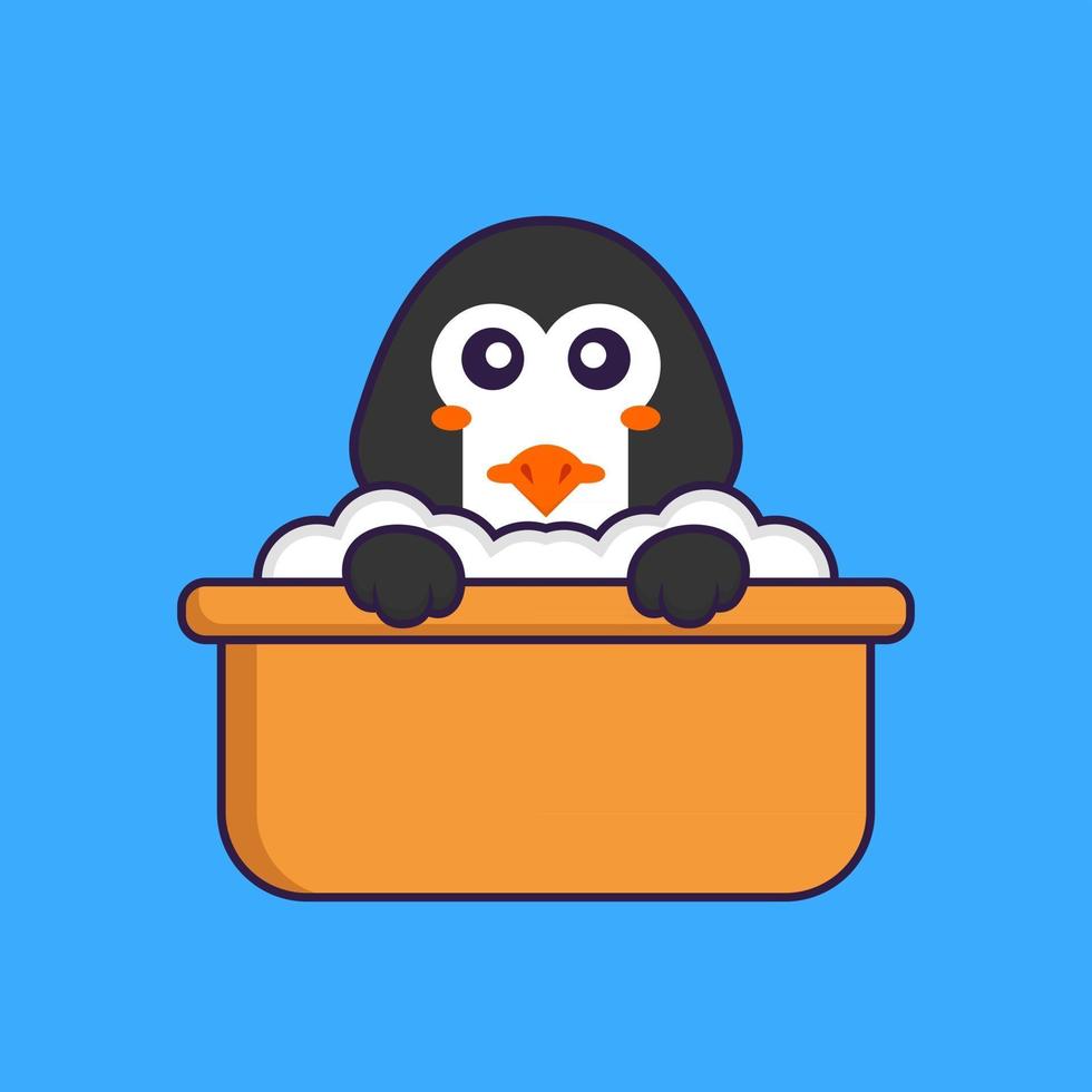 lindo pingüino tomando un baño en la bañera. aislado concepto de dibujos animados de animales. Puede utilizarse para camiseta, tarjeta de felicitación, tarjeta de invitación o mascota. estilo de dibujos animados plana vector