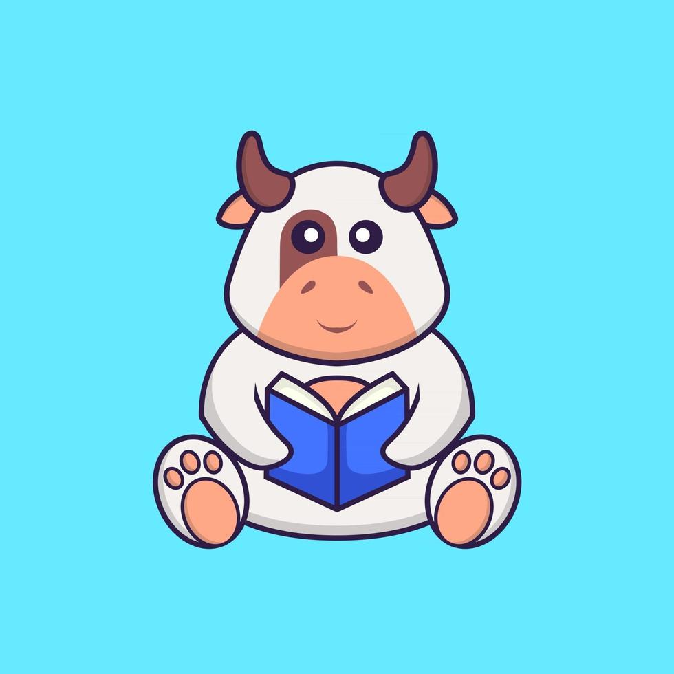 Cute cow reading a book. Animal cartoon concept isolated. Can used for t-shirt, greeting card, invitation card or mascot. Flat Cartoon Style vector