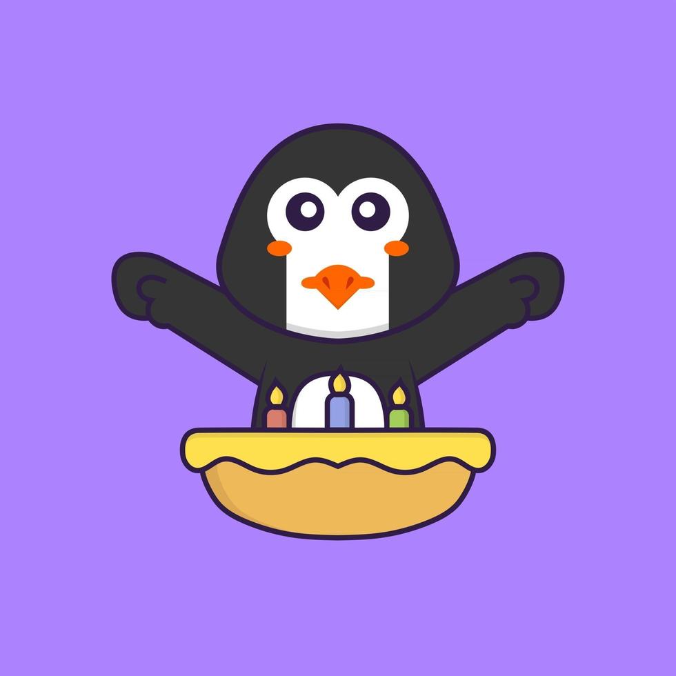 Cute penguin with birthday cake. Animal cartoon concept isolated. Can used for t-shirt, greeting card, invitation card or mascot. Flat Cartoon Style vector