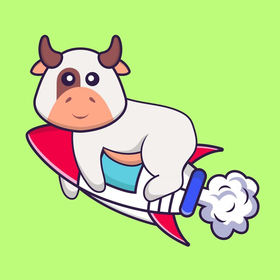 Cute cow flying on rocket. Animal cartoon concept isolated. Can used for t-shirt, greeting card, invitation card or mascot. Flat Cartoon Style vector