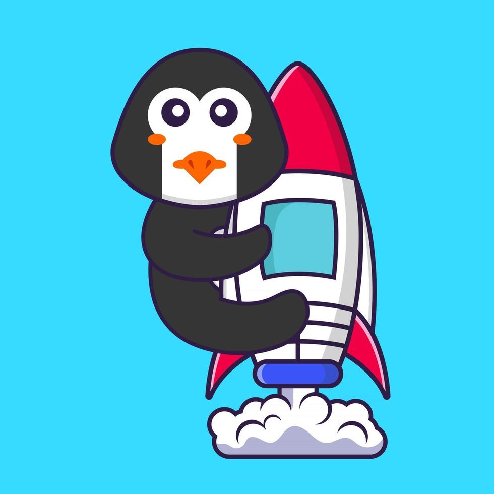 Cute penguin flying on rocket. Animal cartoon concept isolated. Can used for t-shirt, greeting card, invitation card or mascot. Flat Cartoon Style vector