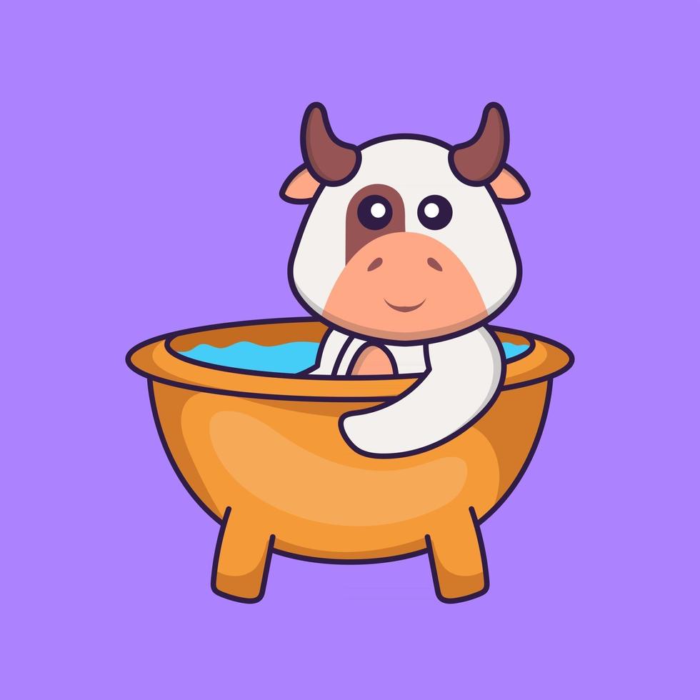 Cute cow taking a bath in the bathtub. Animal cartoon concept isolated. Can used for t-shirt, greeting card, invitation card or mascot. Flat Cartoon Style vector