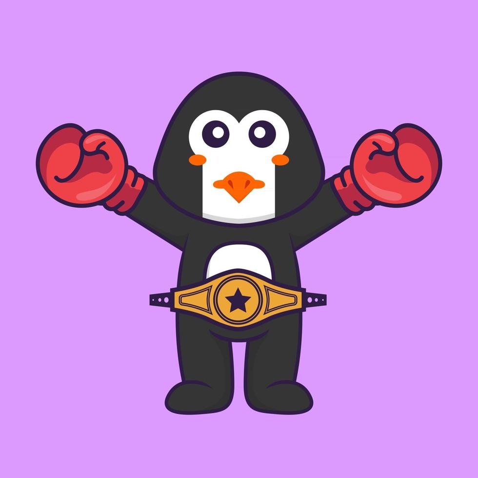 Cute penguin in boxer costume with champion belt. Animal cartoon concept isolated. Can used for t-shirt, greeting card, invitation card or mascot. Flat Cartoon Style vector