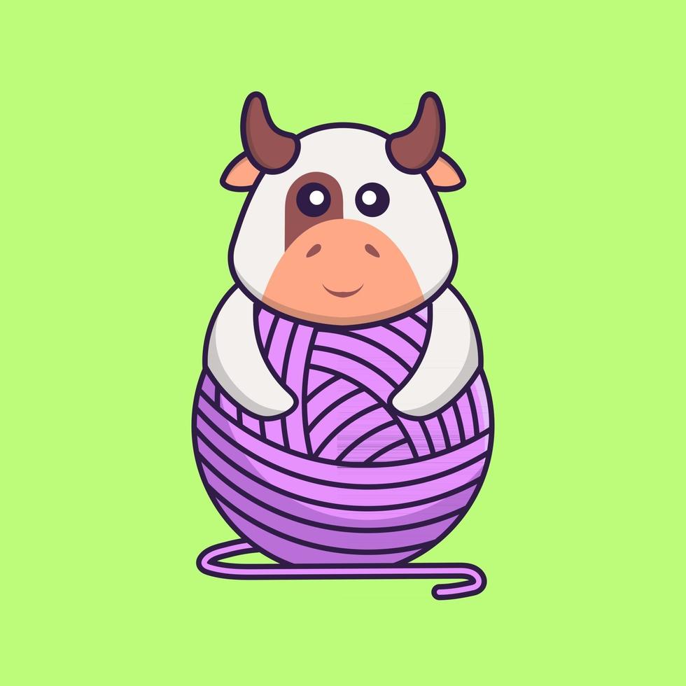 Cute cow playing with wool yarn. Animal cartoon concept isolated. Can used for t-shirt, greeting card, invitation card or mascot. Flat Cartoon Style vector