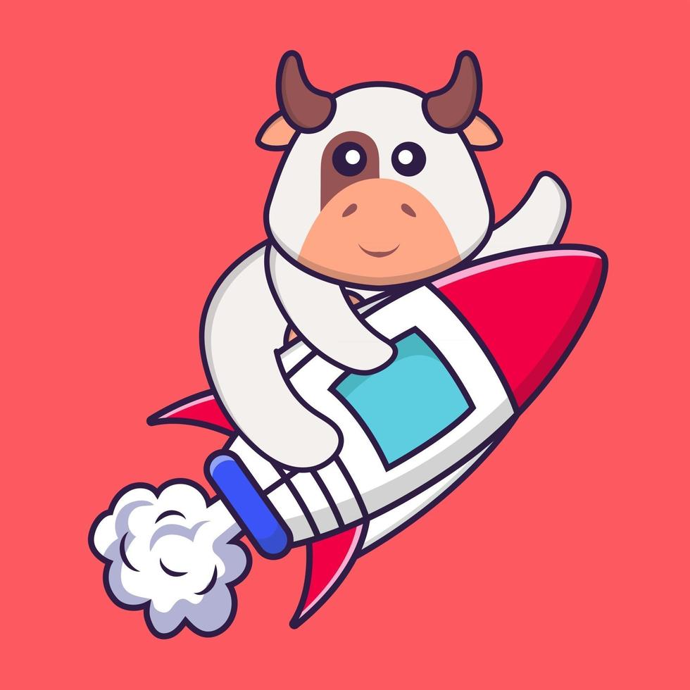 Cute cow flying on rocket. Animal cartoon concept isolated. Can used for t-shirt, greeting card, invitation card or mascot. Flat Cartoon Style vector