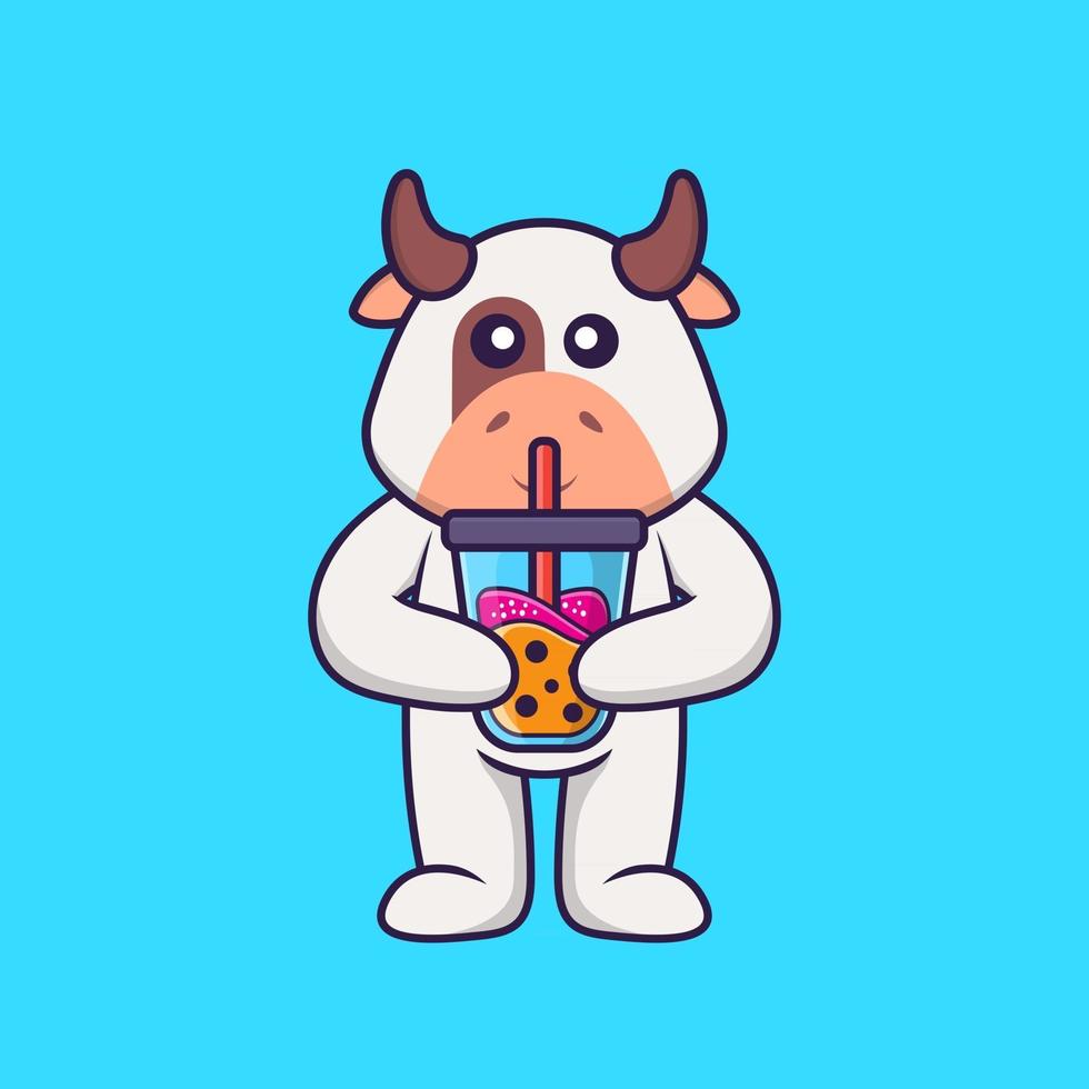 Cute cow Drinking Boba milk tea. Animal cartoon concept isolated. Can used for t-shirt, greeting card, invitation card or mascot. Flat Cartoon Style vector