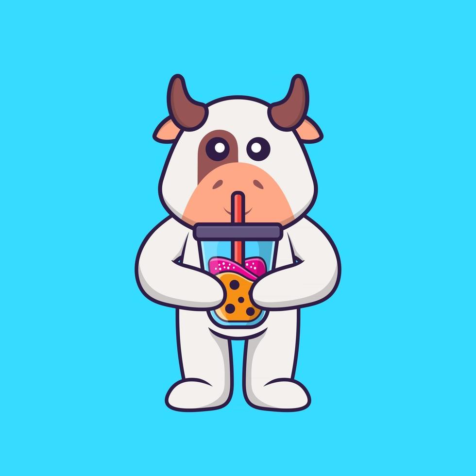 Linda vaca bebiendo té con leche de boba. aislado concepto de dibujos animados de animales. Puede utilizarse para camiseta, tarjeta de felicitación, tarjeta de invitación o mascota. estilo de dibujos animados plana vector