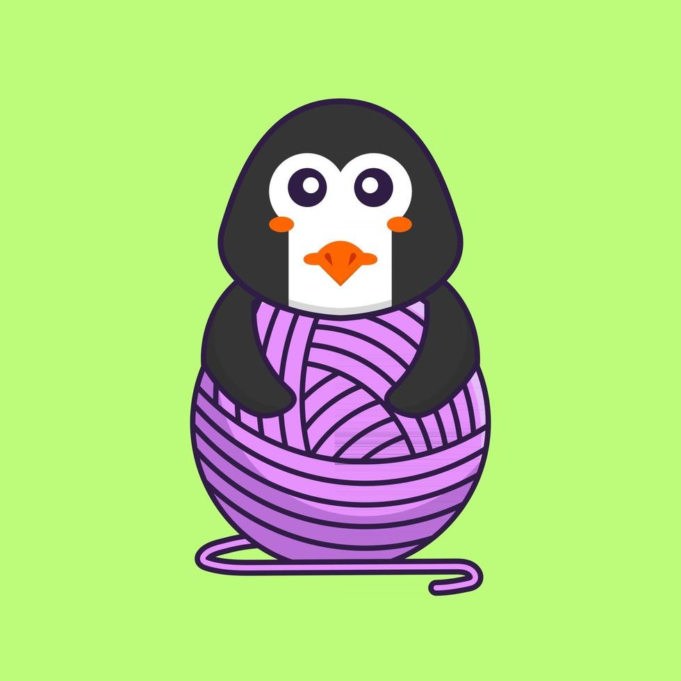 Cute penguin playing with wool yarn. Animal cartoon concept isolated. Can used for t-shirt, greeting card, invitation card or mascot. Flat Cartoon Style vector