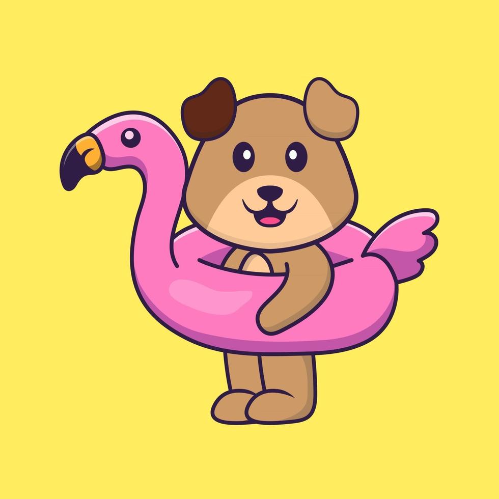 lindo perro con boya flamingo. aislado concepto de dibujos animados de animales. Puede utilizarse para camiseta, tarjeta de felicitación, tarjeta de invitación o mascota. estilo de dibujos animados plana vector