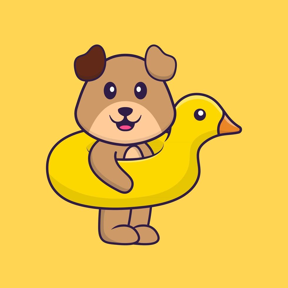 Cute dog With Duck buoy. Animal cartoon concept isolated. Can used for t-shirt, greeting card, invitation card or mascot. Flat Cartoon Style vector