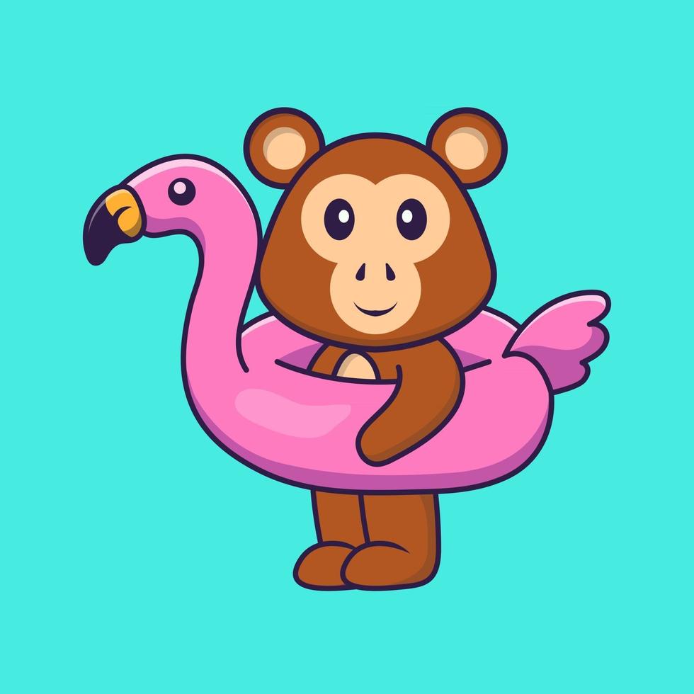 Cute monkey With flamingo buoy. Animal cartoon concept isolated. Can used for t-shirt, greeting card, invitation card or mascot. Flat Cartoon Style vector