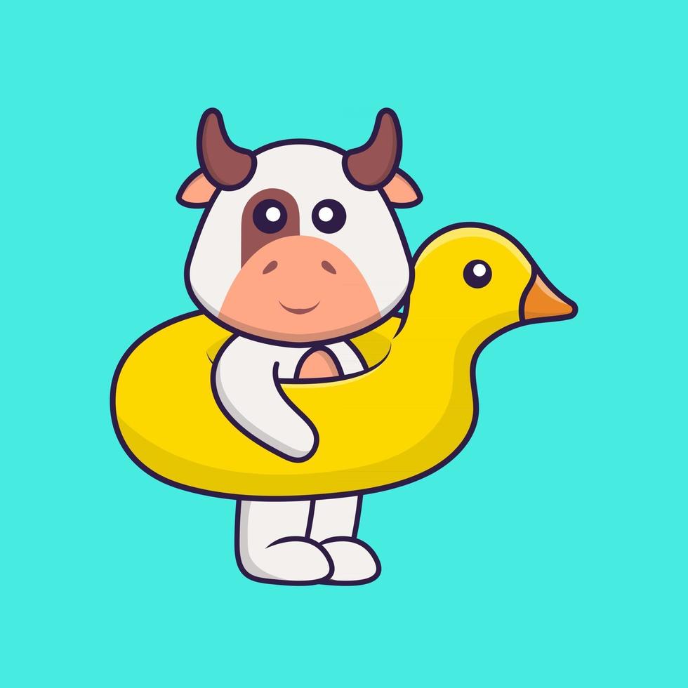 linda vaca con boya de pato. aislado concepto de dibujos animados de animales. Puede utilizarse para camiseta, tarjeta de felicitación, tarjeta de invitación o mascota. estilo de dibujos animados plana vector