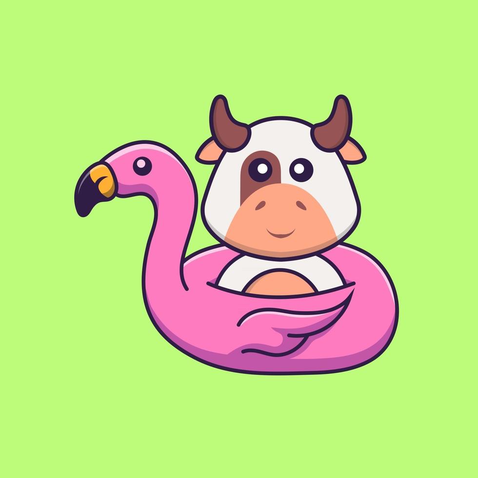 linda vaca con boya flamingo. aislado concepto de dibujos animados de animales. Puede utilizarse para camiseta, tarjeta de felicitación, tarjeta de invitación o mascota. estilo de dibujos animados plana vector