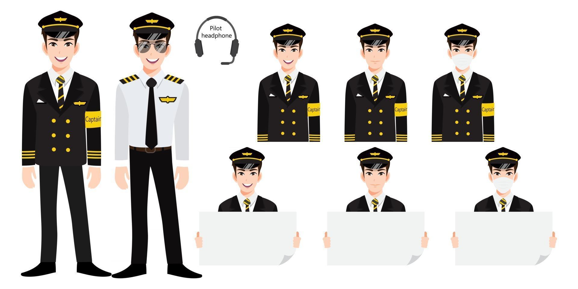Cartoon character with airline captain in uniform with smile , medical mask and holding poster template. Set of vector isolated illustrations