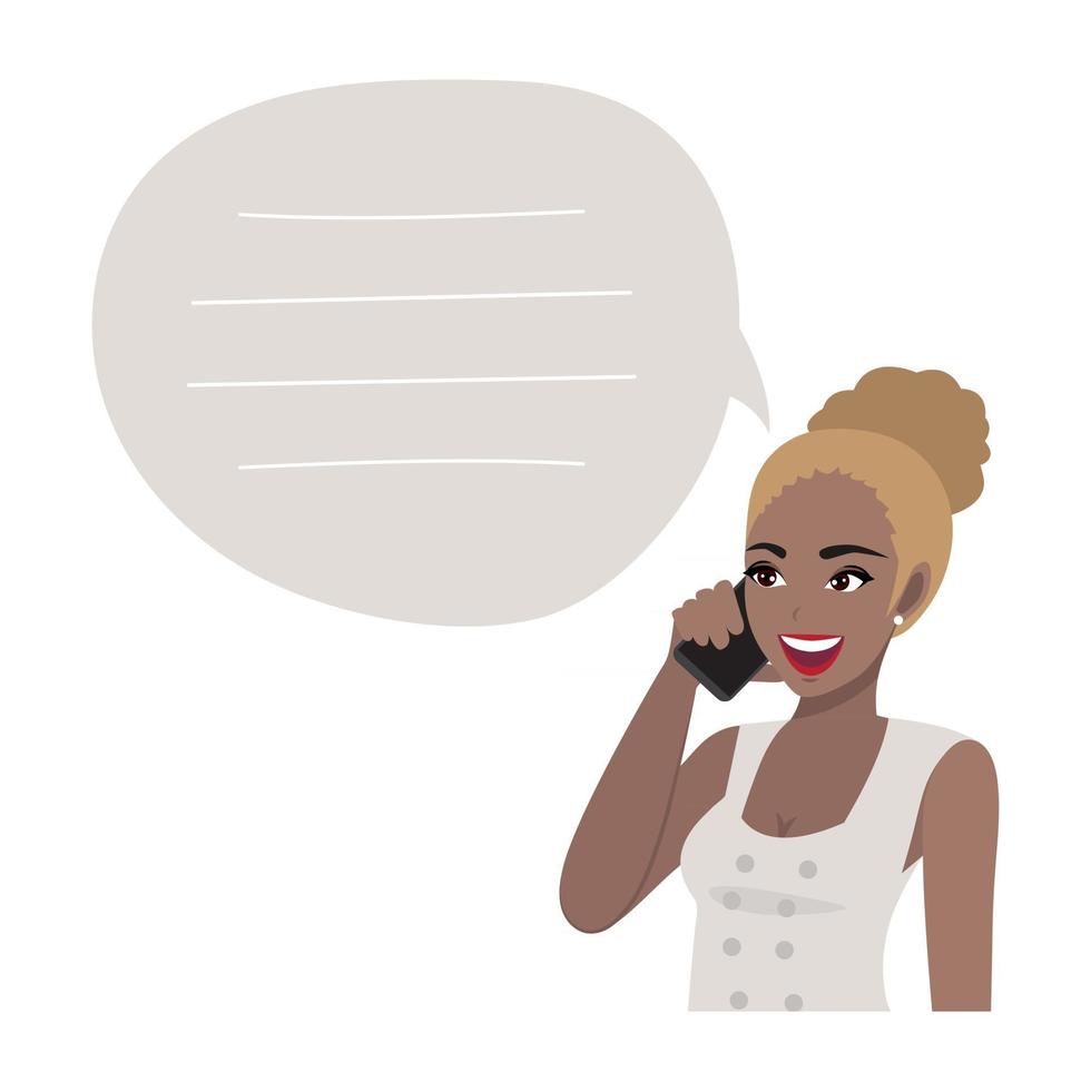 African American business woman talking on mobile phone. Vector illustration in a flat style