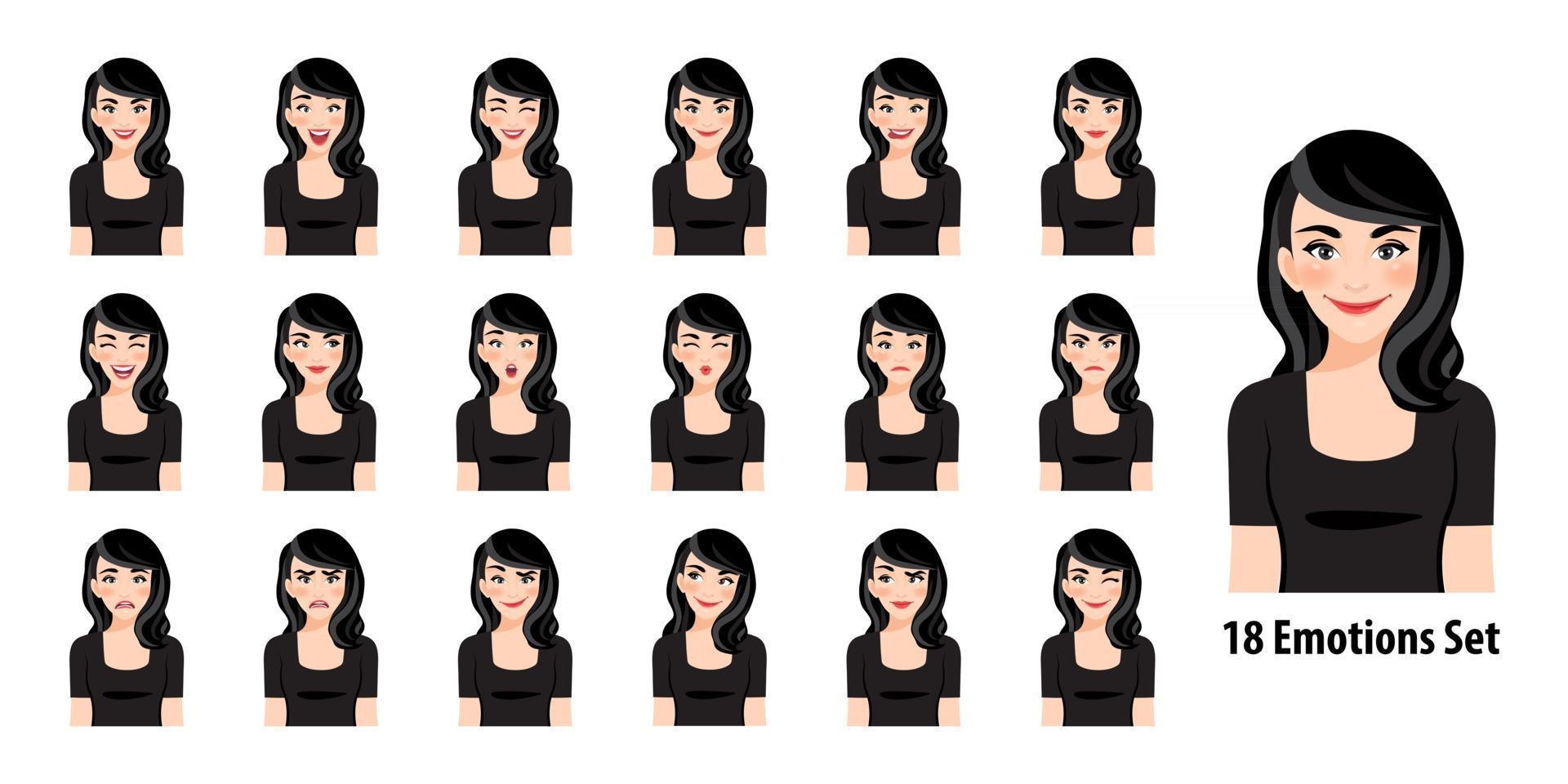 Beautiful lady in black dress with different facial expressions set isolated in cartoon character style vector illustration