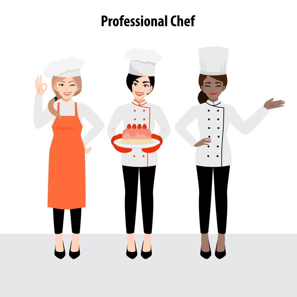 Cartoon character with professional chef in uniform, flat icon design vector illustration