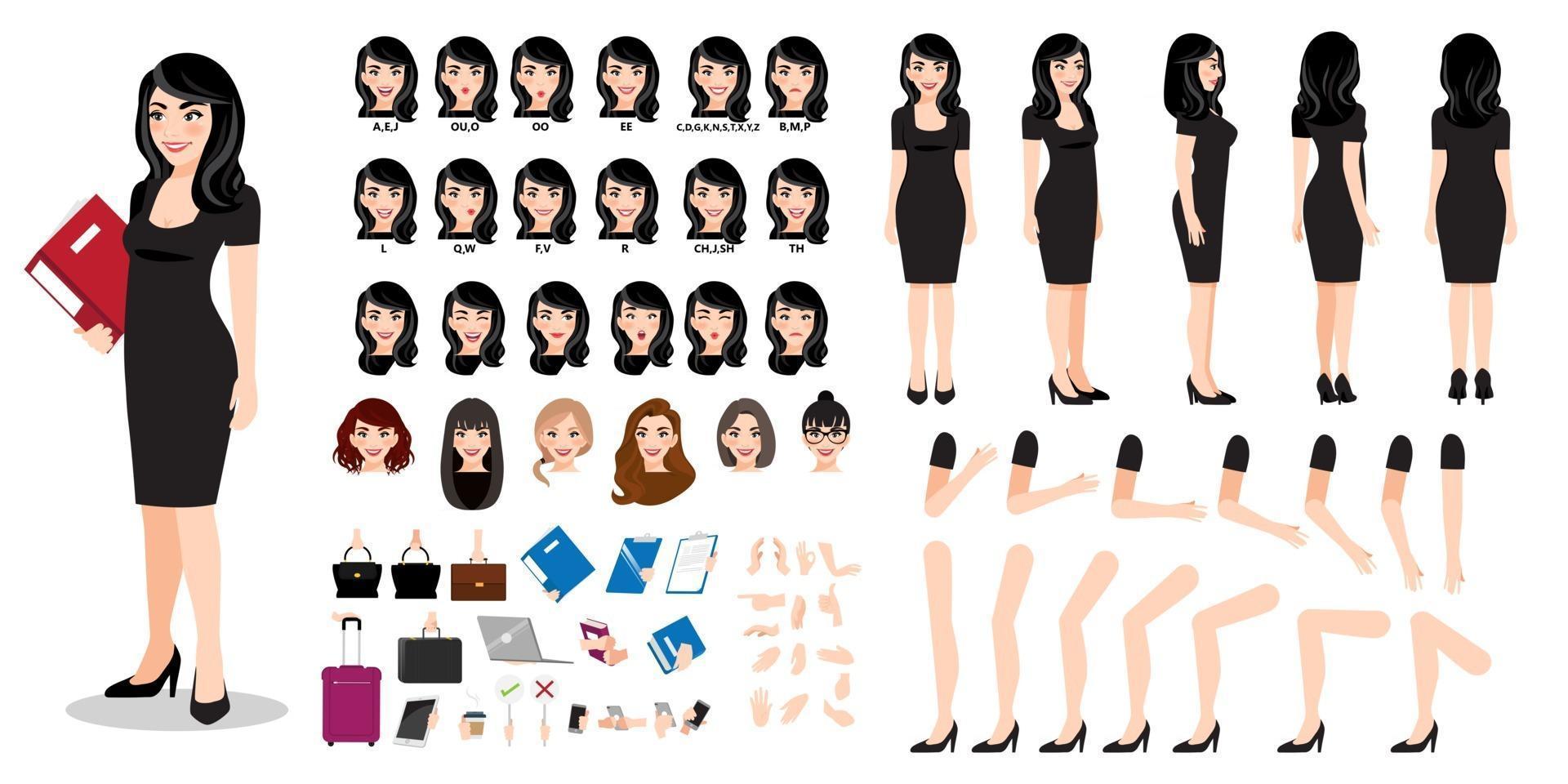 Businesswoman cartoon character creation set with various views,  hairstyles, face emotions, lip sync and poses. Parts of body template for  design work and animation. 2926039 Vector Art at Vecteezy