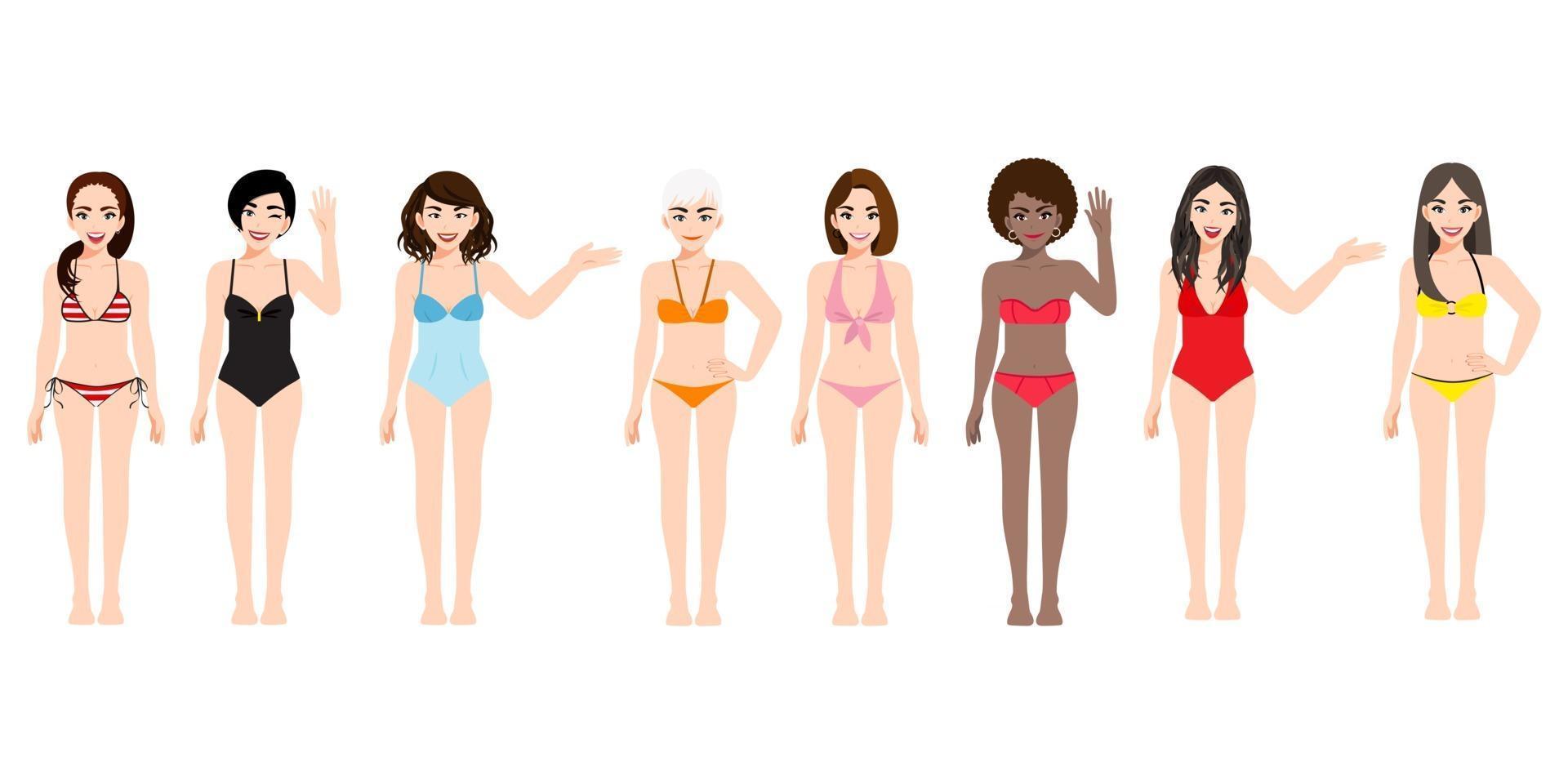 Cartoon character with female in swimming suit collection set for summer vector