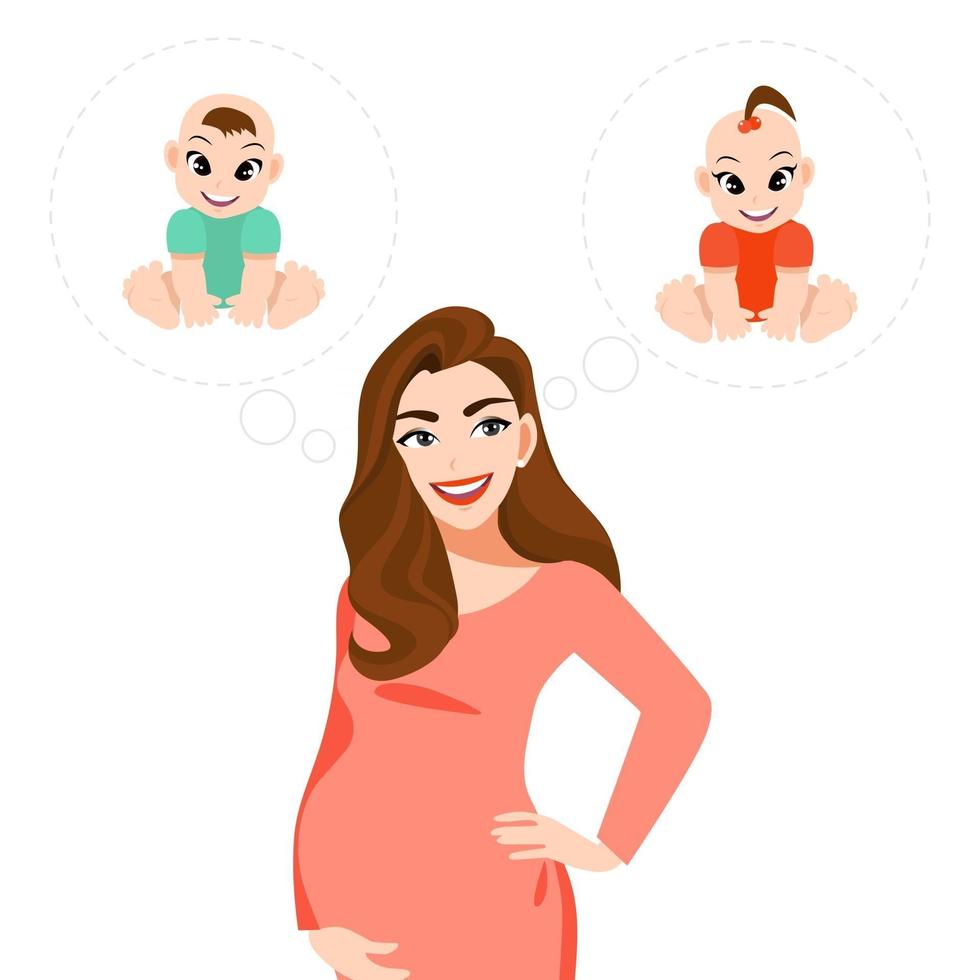 Cartoon character with pregnant thinking about the baby is boy or girl flat icon style vector illustration