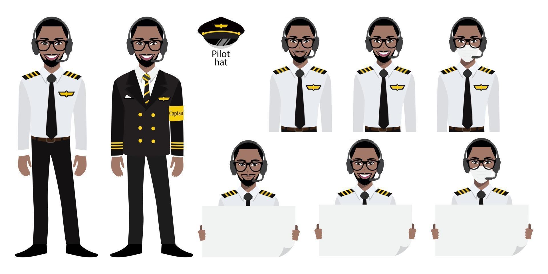 Cartoon character with Amarican African airline captain in uniform with smile , medical mask and holding poster template. Set of vector isolated illustrations