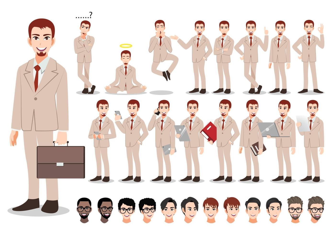 Businessman cartoon character set. Handsome business man in office style smart suit . Vector illustration 001