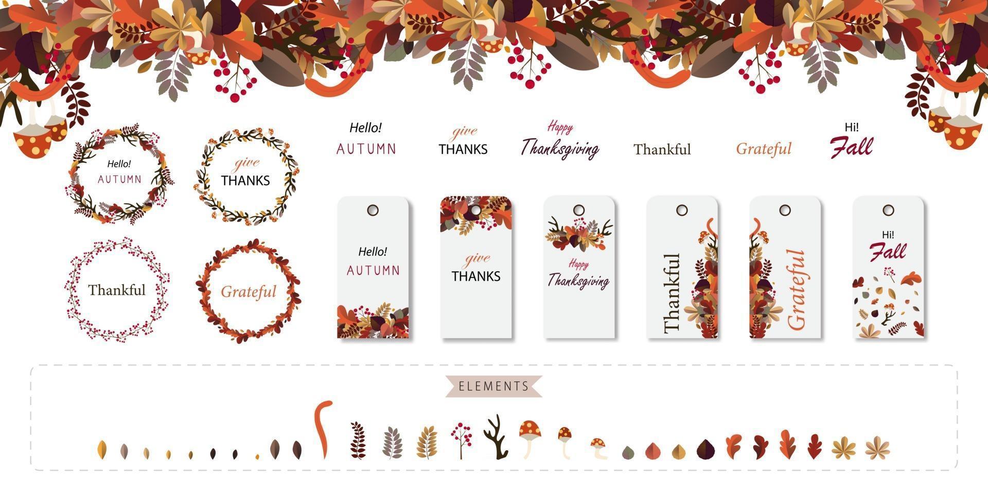 Autumn flower and leaf tag and wreath set. Thanksgiving festival design vector