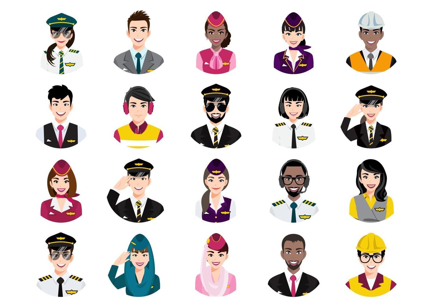 Big bundle of different people avatars. Set of professional airline team portraits. Men and women avatar characters. vector