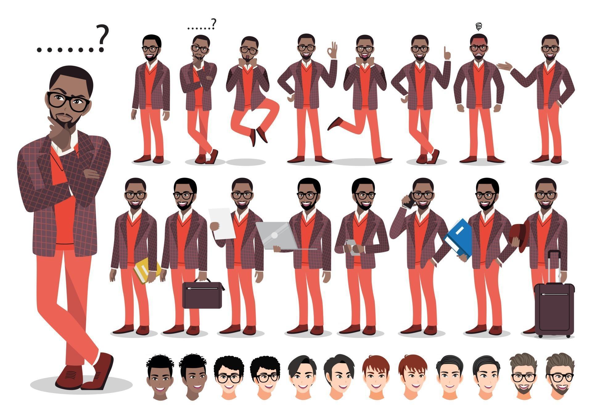 Conjunto De Caracteres De Dibujos Animados De Empresario Afroamericano Apuesto Hombre De Negocios En Traje Elegante Ilustracion Vectorial Vector En Vecteezy