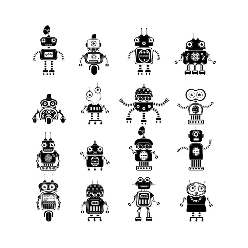 Robot icons, mono vector symbols. Vector robot silhouettes set. Flat design style robots and cyborgs. Science fiction androids with artificial intelligence