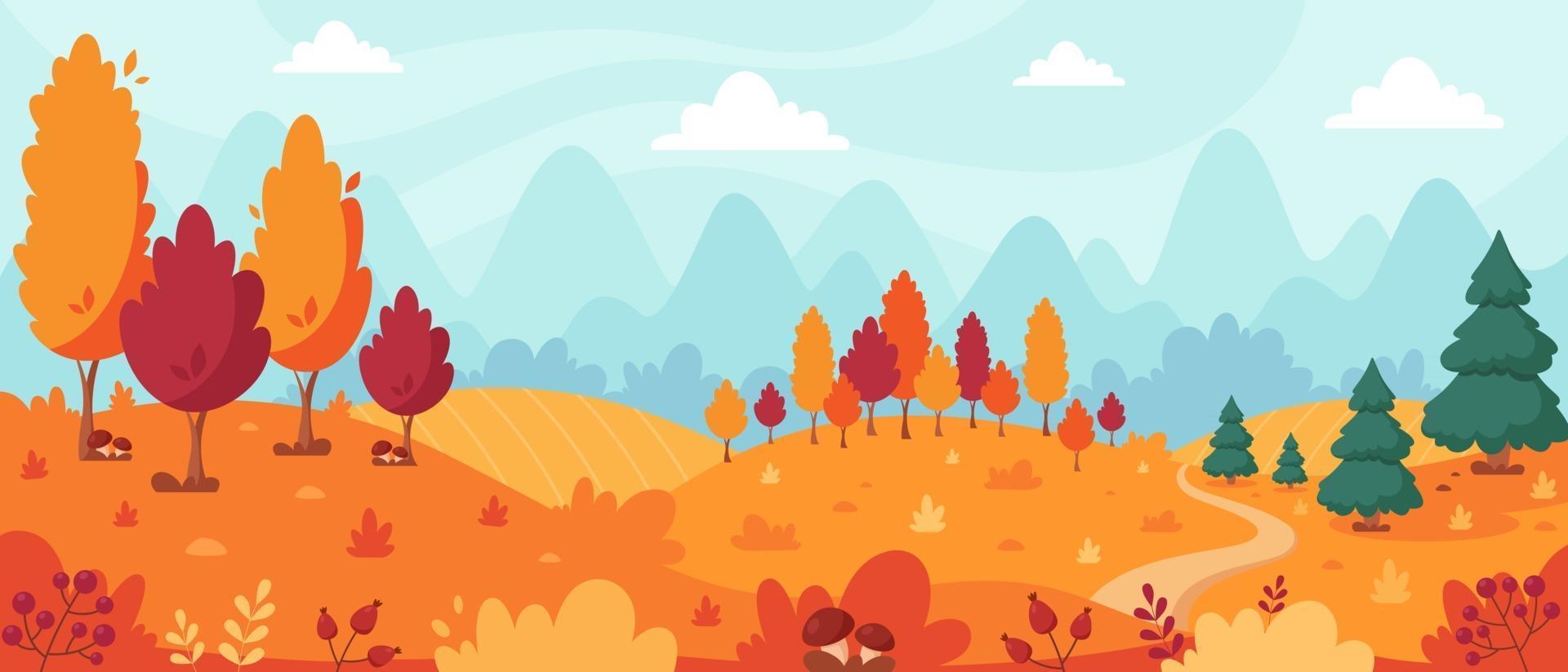 paisaje otoñal con árboles, montañas, campos, hojas. paisaje de campo. fondo de otoño. vector