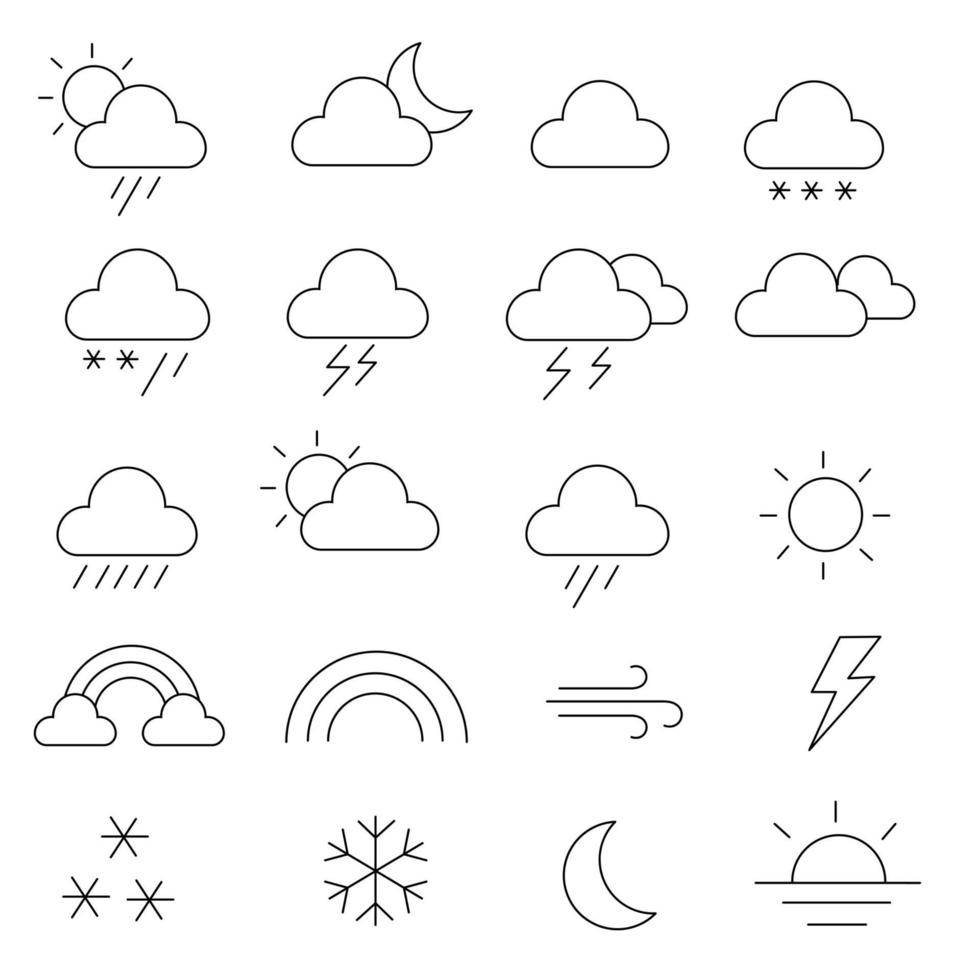 conjunto de iconos de línea meteorológica. Ilustración de vector de trazo sobre un fondo blanco.