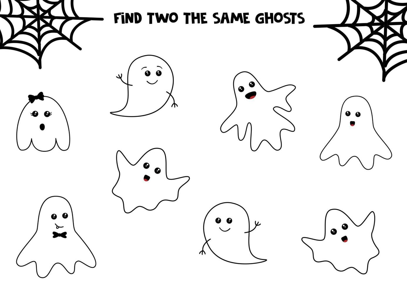 Set of cute halloween ghosts. Find two same ghosts. Educational game for kids. Printable worksheet. vector