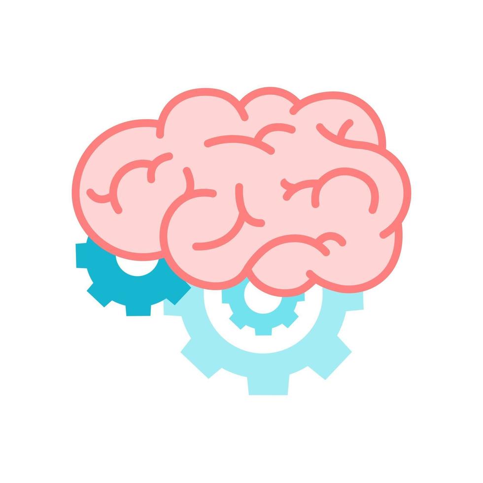 Color human brain with gears icon in flat design. Creative thinking, education, research, business idea concept. Design for learning, problem solving, trainings, courses. Vector illustration