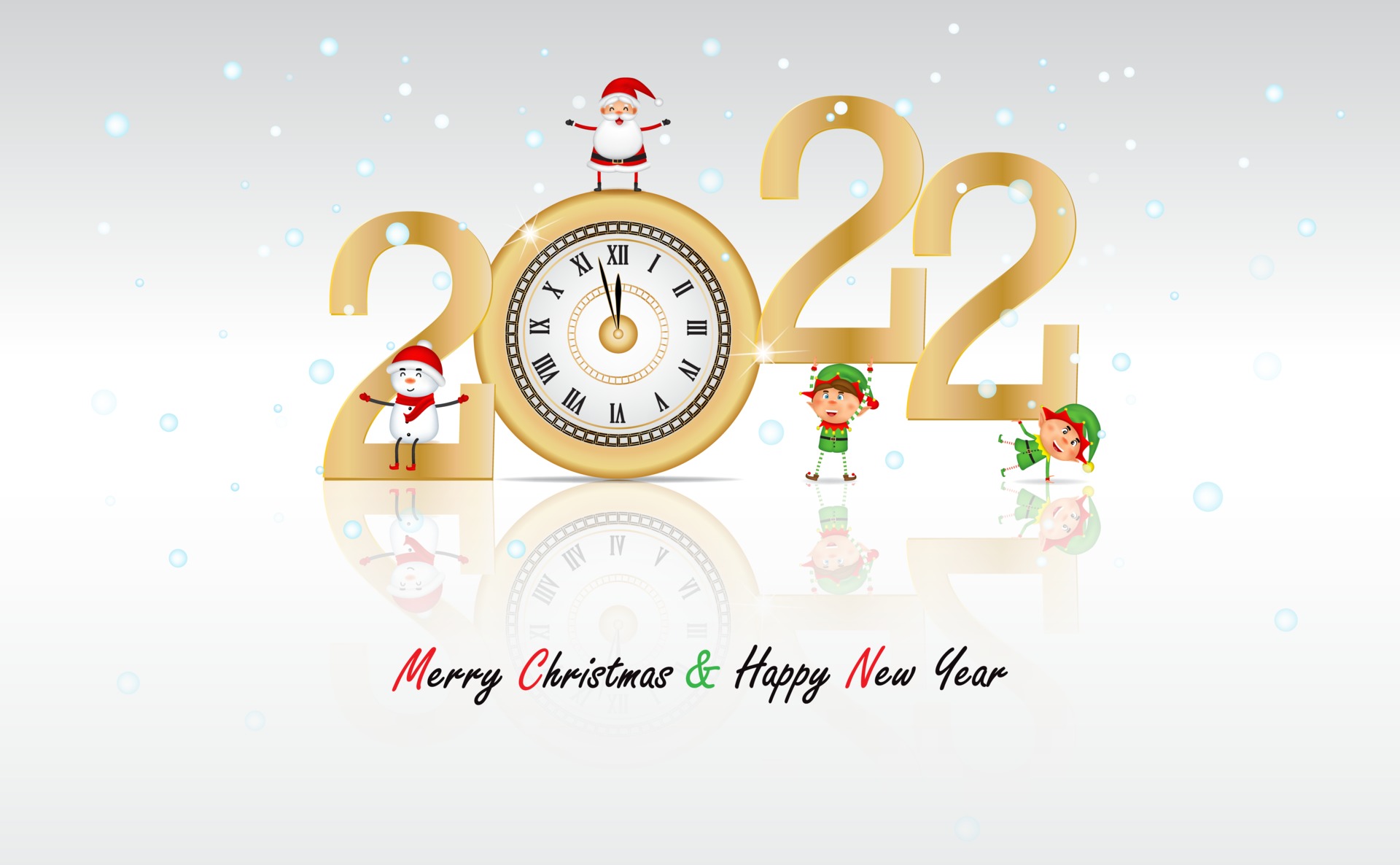 New Year on white background with luxury gold clock with cartoon Merry