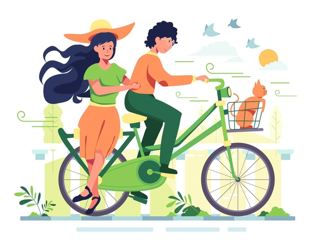A man and his girlfriend ride a bicycle in a park, a shady garden, Very nice atmosphere vector