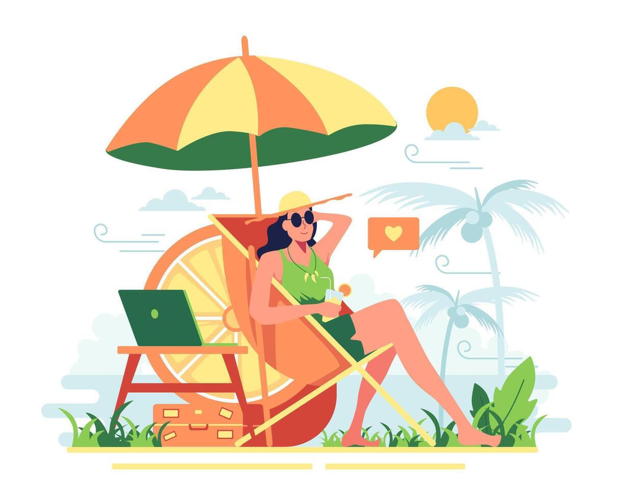 A girl who takes a vacation at the beach On a bright day vector